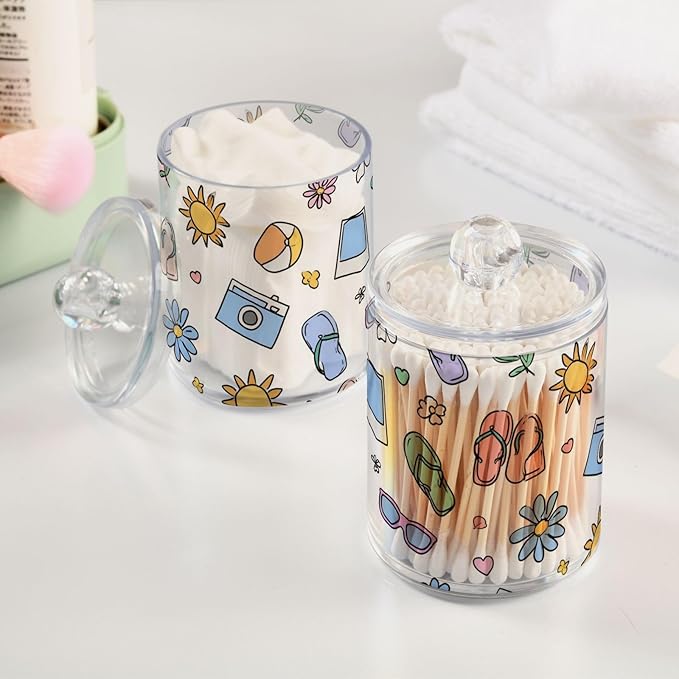 2 Pack Apothecary Jars Charming Summer Beach Art Bathroom Vanity Storage Organizer Set,Small Clear Plastic Storage Jars Bathroom Canister for Cotton Swabs, Rounds, Balls, Qtips,Makeup Sponges,