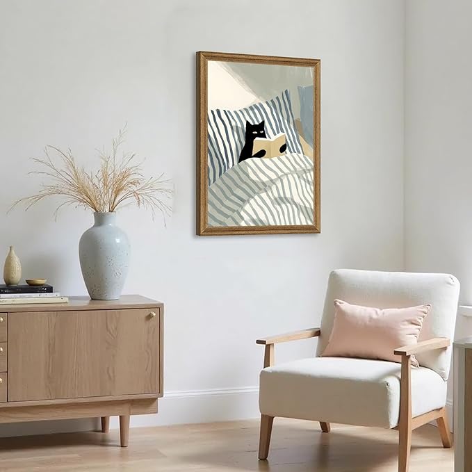 Fantasy Artists Reading Black Cat on Bed Wood Framed Wall Art, Easy to Hang Fade Resistant Art Prints, Perfect for Bedroom Living Room Bathroom Home Office Wall Decor, 16x24 Inches