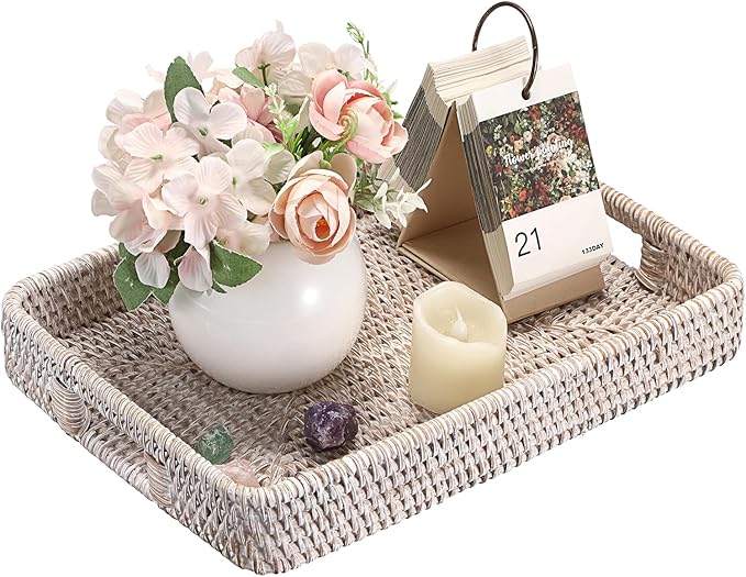 Hipiwe Rattan Serving Tray with Handles Handwoven Basket Tray for Storage Breakfast Dessert Fruit Decorative Tray for Coffee Table, Whitewash