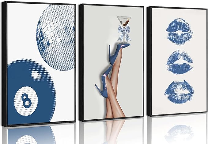 3Pcs Blue Trendy Aesthetic Wall Art, Fashion High-Heeled Shoe Lucky 8 Ball Pictures, Lip Canvas Poster Prints,Y2K Stylish for Girls' Bedroom Dorm Apartment Wall Decor. 24x16in Unframed