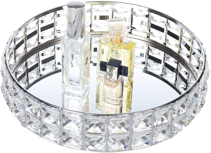 Feyarl Crystal Perfume Vanity Makeup Tray Mirrored Ornate Jewelry Trinket Tray Organizer Sparkly Bling Cosmetic Skin Care Decorative Tray with Glass Bottom Surface for Home Decor Dresser Desktop