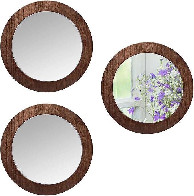 3 PCS Wall Mirrors Decorative, 8 Inch Small Round Rustic Wood Mirror Decorative Wall Mirror for Home Door Living Room Bathroom Bedroom and Entryway (Not Real Glass Mirror)