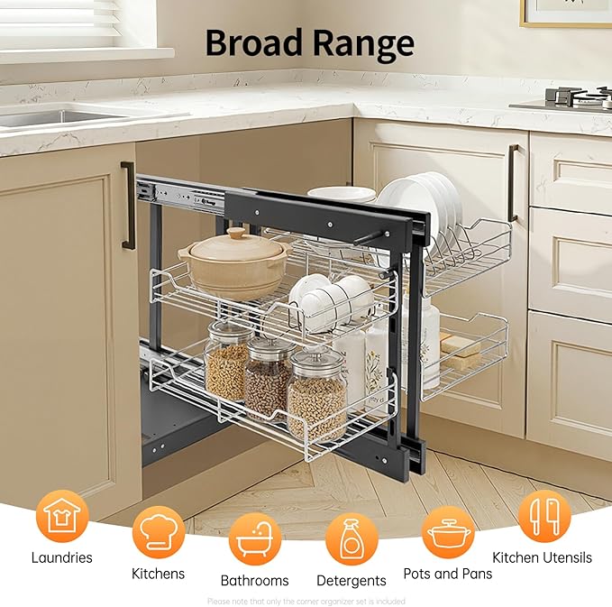 2 Tier Blind Corner Pull Out Organizer,Kitchen Slide Out Corner Cabinet Organizer Shelf with 4 Basket,Left Open & Right Open Compatible Cupboard Storage Shelf for Kitchens Bathrooms Laundries