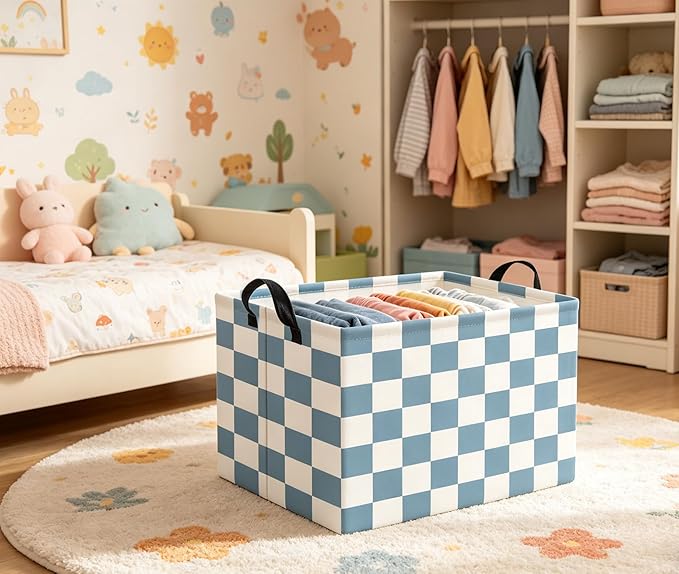HIYAGON Rectangular Kids Basket Baby Girl Basket Fabric Storage Bin Organizer Box Room Decor(Blue Checkered)