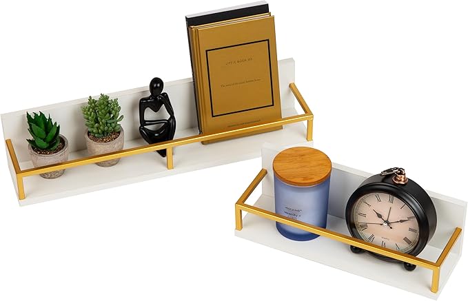 Mind Reader Floating Shelves, Wall-Mounted Office Organizers, Modern MDF Display Storage with Metal Rail, Set of 2, White