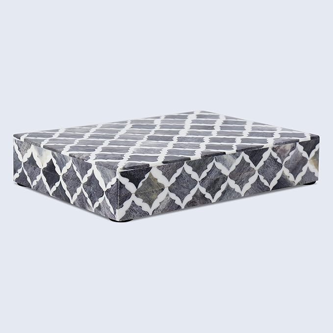 Handicrafts Home Decorative Storage Box with Lid, Moroccan Photo Storage Box Organizer, Flat Keepsake Document Box, Bone & Resin Inlay Wooden Desk Shelf Storage, Gray, 6x8x1.5, Moroccan Collection