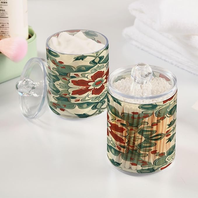 Nander 4Pack Beautiful Colored Mandala Qtip Holder Dispenser -Clear Plastic Apothecary Jars Set - Restroom Bathroom Makeup Organizers Containers for Cotton Swab, Ball, Pads, Floss