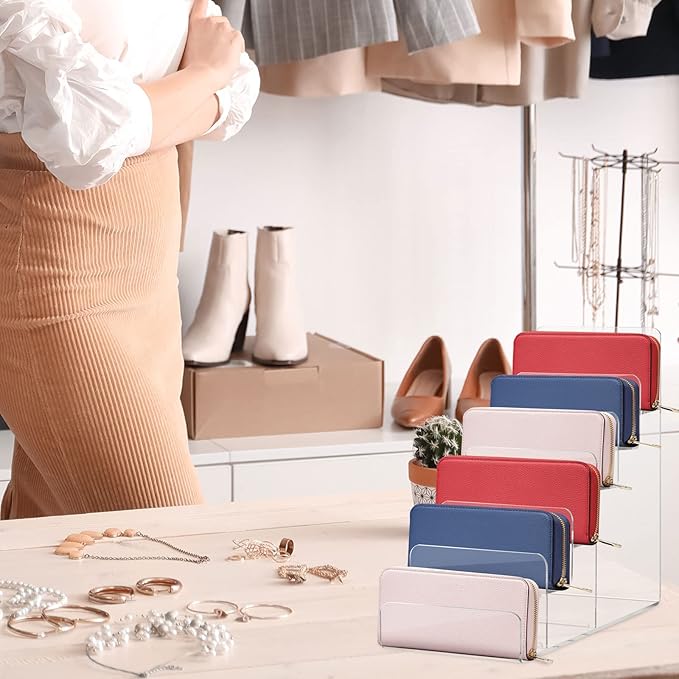 DOITOOL 6-Tier Wallet Display Stand Acrylic Shelf Riser Purse Greeting Card Display Stand Clear Jewelry Riser Perfume Sunglasses Handbag Organizer Rack