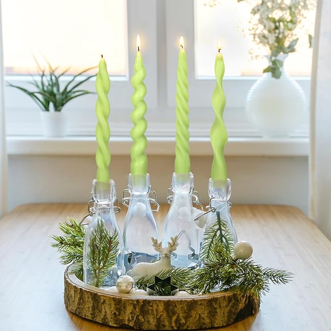 Nuanchu 4 Pcs Twisted Taper Candles Wax Unscented Smokeless Spiral Swirl Candlesticks for Wedding Holiday Dinner Party Home Decorations(7.87 Inch,Pure,Sage Green)