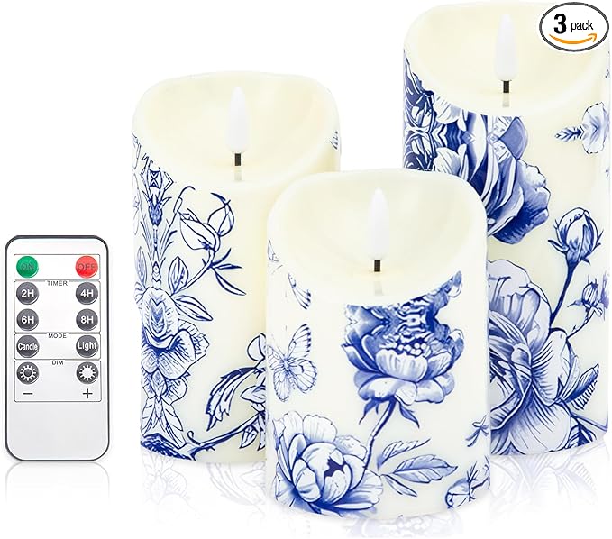3 Pcs Blue and White Flameless Candles Wedding Table Centerpiece Chinoiserie Candles Blue White Floral Printed Faux Candles with Remote Timer for Wedding Home Holiday Table Decor