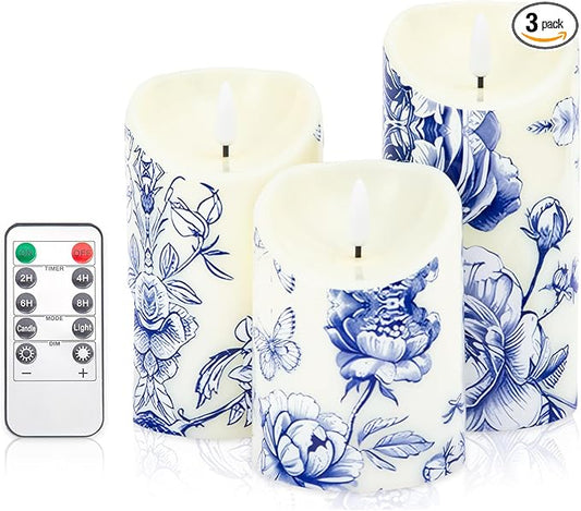 3 Pcs Blue and White Flameless Candles Wedding Table Centerpiece Chinoiserie Candles Blue White Floral Printed Faux Candles with Remote Timer for Wedding Home Holiday Table Decor