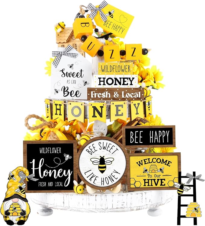 Bucherry 17 Pcs Spring Honey Bee Tiered Tray Decor Set Bee Wooden Signs Gnome Yellow Truck Honey Table Decor Spring Summer Farmhouse Table Signs Decoration