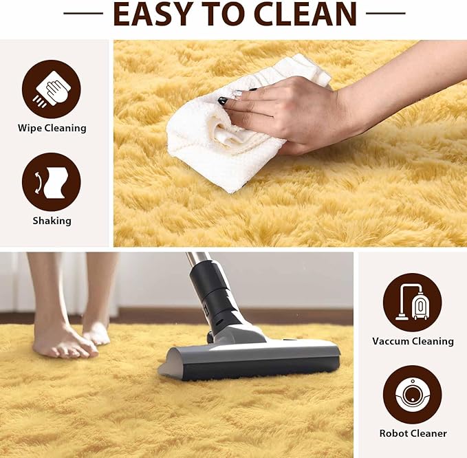 FinRèc 5x8 Feet Yellow Rugs for Living Room Bedroom, Soft Fluffy Shaggy Area Rug, Non-Slip Fuzzy Furry Shag Rug for Nursery Kids Room Dorm Room Home Decor, Indoor Plush Floor Carpet