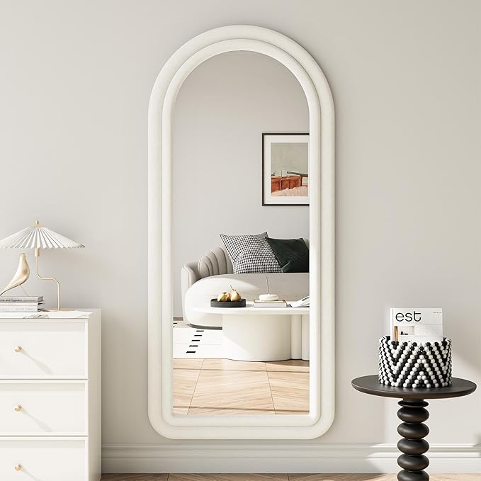 Koonmi 56"x24" Full Length Mirror, Flannel Wall Mirrors, Velvet Arched Full Body Mirror with Stand, Hanging or Leaning Against Wall for Bedroom Living Room, White