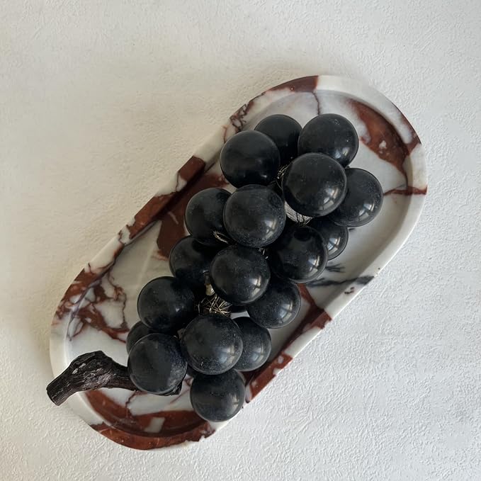 Natural Marble Oval Tray Ornaments Vintage Small Tray Storage Dish for Counter, Vanity, Dresser, Nightstand and Desk (Calacatta Red)