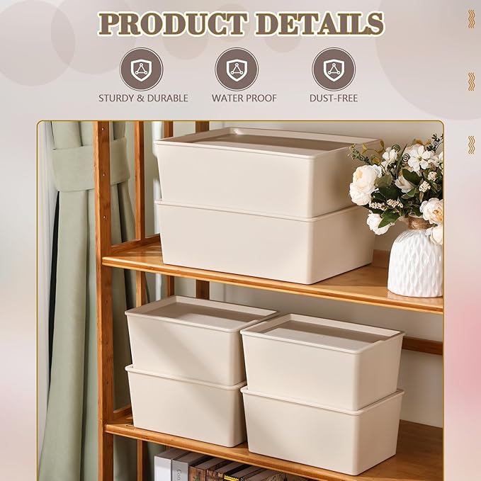Menkxi 6 Pcs Large and Small Plastic Storage Bins with Lids 14.4 x 10.4 x 5.1 Inch Stackable Storage Containers Decorative Cubby Organizer for Clothes Shelves Garage Closet Office (White)