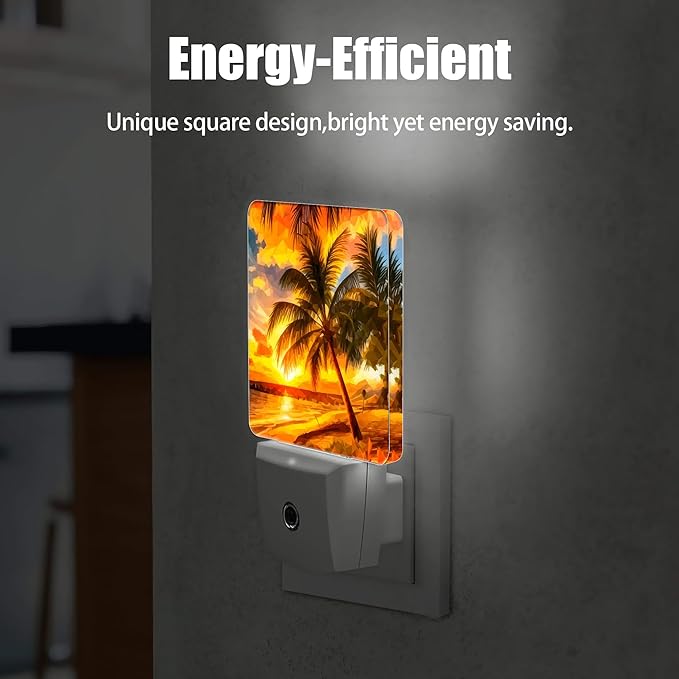 Sunset Seashore Night Light, Palm Trees Night Lights Plug into Wall Decor for Bedroom,Bathroom,Hallway,Kitchen,Dusk to Dawn Sensor Nightlights for Boys Girls Women Men Room Gifts