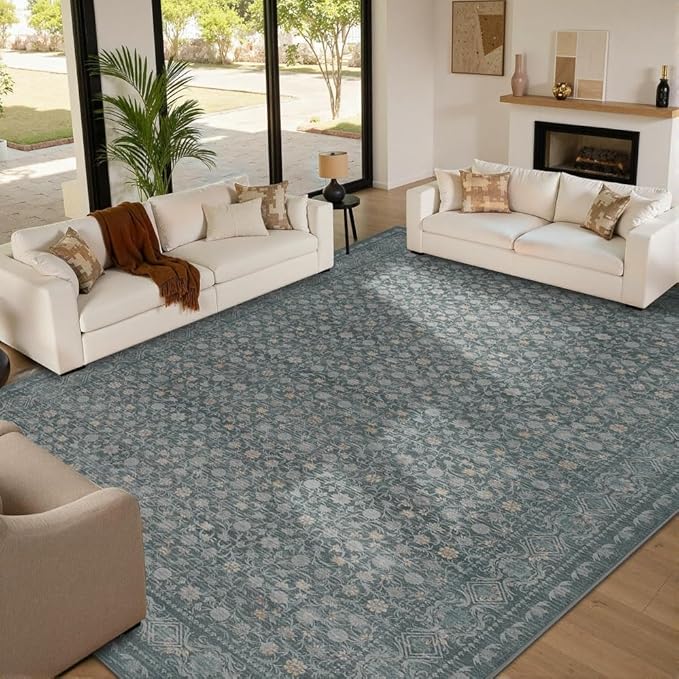 10x14 Washable Area Rug for Living Room, Extra Large Vintage Boho Rugs for Dining Room, Kids Room, Farmhouse, Durable Low Pile Non Slip Carpet for High Traffic Areas, Blue
