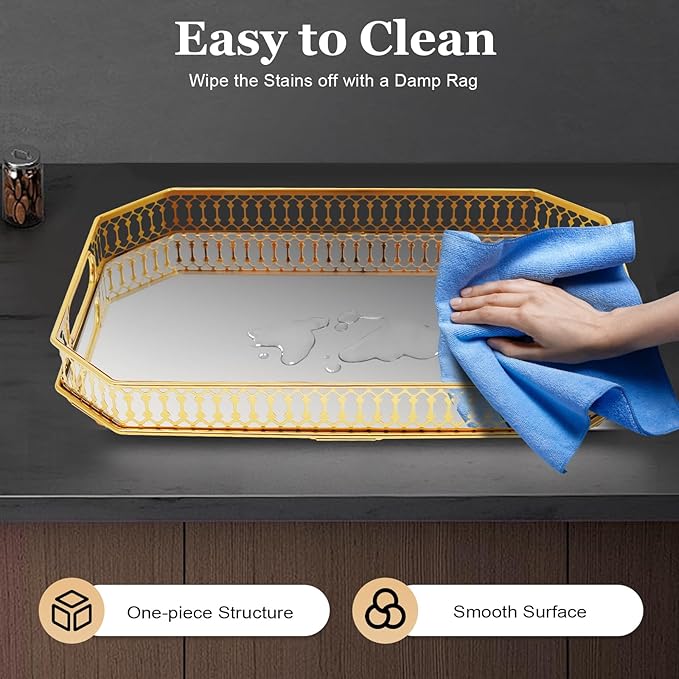Metal Vintage Octagon Glass Surface Mirror Tray,Luxurious Makeup Perfume Holder,Golden Serving Plate,for Makeup Brushes/Lipstick/Skincare/Perfumes/Bathroom Accessories.