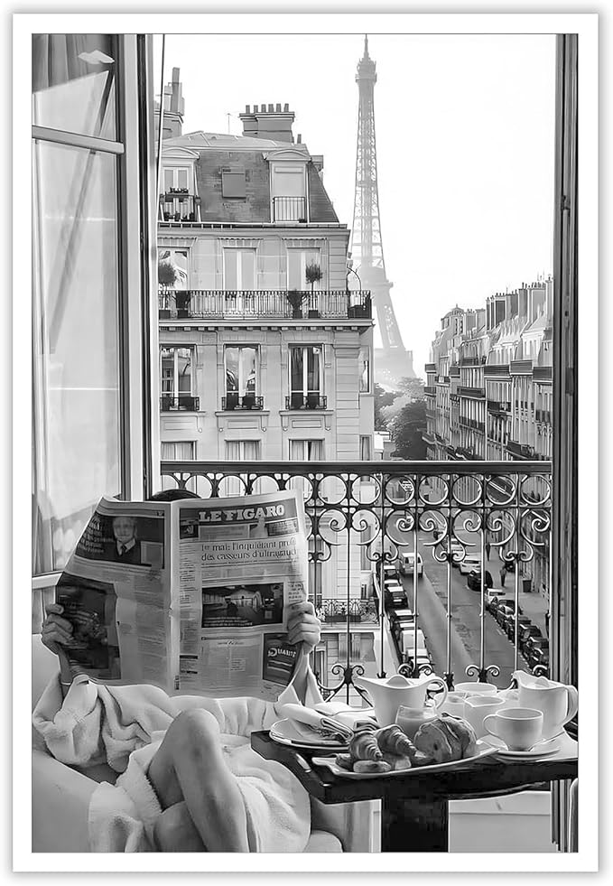 Vintage Girl Reading Newspaper Poster Eiffel Tower View Canvas Wall Art Retro Black And White Feminist Room Aesthetic Prints Painting For Home Bedroom Dorm Apartment Wall Decor 24x36in Unframed