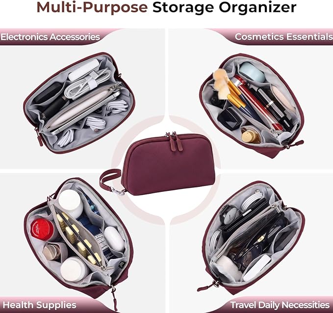 FYY Travel Cable Organizer - 8 Compartments Lightweight Water Resistant Tech Pouch with Wrist Strap, Electronic Accessories Case for Cord Charger Storage for Travel Home Office, Wine Red (Small)