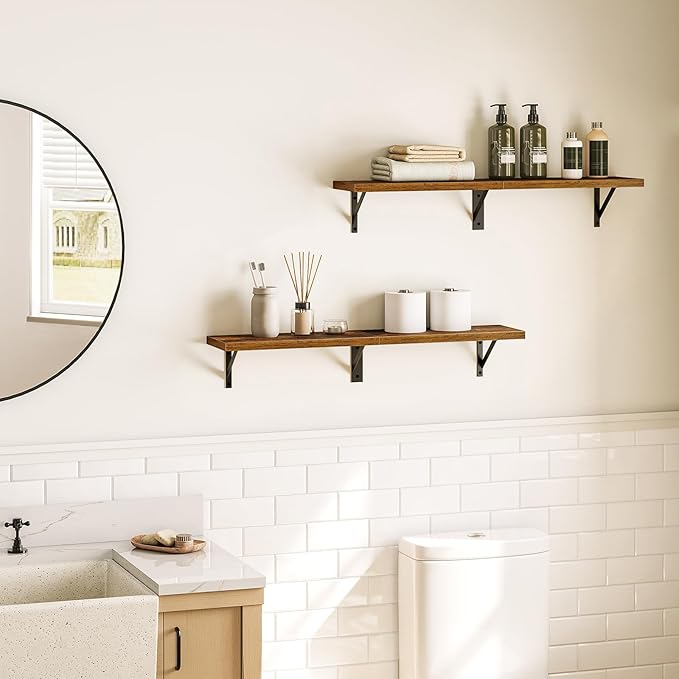 HOOBRO Floating Shelves, 30 Inch Wall Shelf Set of 2, Wall-Mounted Storage Shelves, Retro Hanging Shelf with Metal Frame, for Living Room, Bedroom, Bathroom, Kitchen, Rustic Brown and Black BF24BJ01