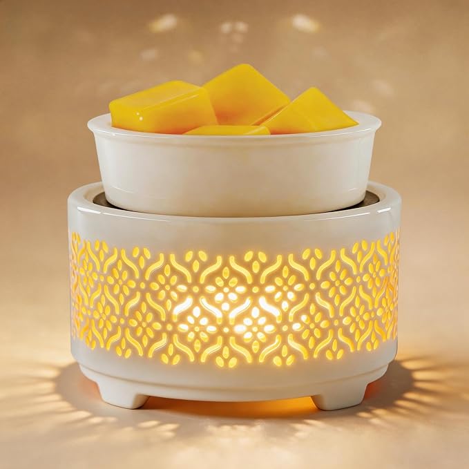 Wax Melt Burner Ceramic Electric 4-in-1 Candle Warmer Lamp with 7-Color LED Light Fragrance Oil Burner for Scented Wax Candle Jar Home Office Bedroom Decor Gifts for Women Mom - Flower Pattern