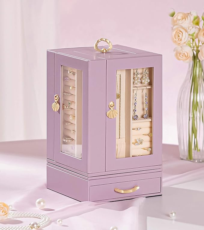 Enthralite Jewelry Box Large for Dresser: Women Necklace Ring Storage Organizer with Compartments - Elegant Earring Holder Display - 360° Rotating Jewelry Organizer with Glass Door