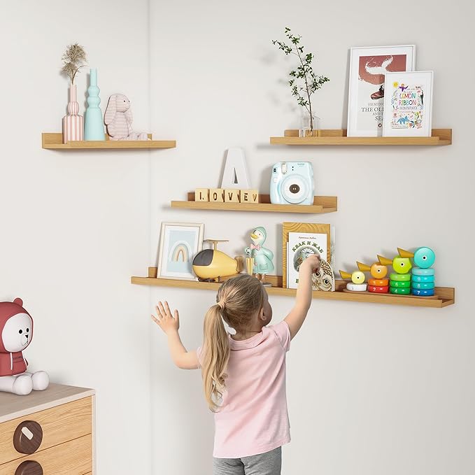 FLYJOE Picture Ledge Shelf, Floating Shelves Set of 2, 24 Inches Nursery Book Shelves for Toys Storage, Kids Bookshelf Wall Mounted for Living Room Bedroom Decor Books Photo Frames, Natural Oak