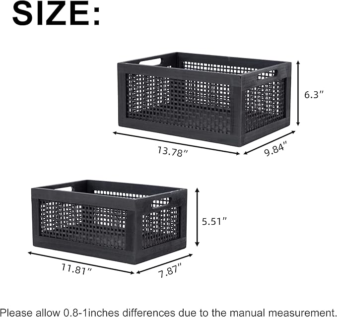 Wooden Storage Baskets,Black Woven Bamboo Basket Nesting Boxes with Built-in Handle for Pantry, Kitchen,Living Room,Shelves,Set of 2