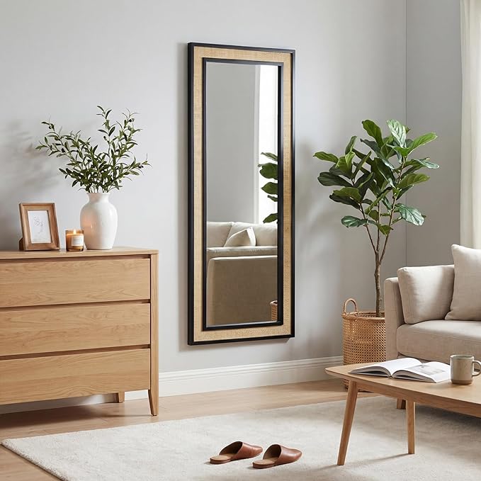 Rattan Full Length Mirror,24"x60" Long Rattan Wall Mirror,Wooden Mirror with Wicker Frame,Decorative Full Body Mirror Hanging,Farmhouse Rectangle Floor Mirror for Bathroom Living Dressing Room Black