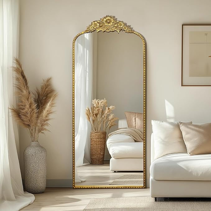 Full Length Mirror, 75x30 Baroque Style Vintage Mirror, Antique Metal Frame Wall Mirror, Traditional Art Home Decor for Living Room, Bedroom, Entryway,Retro Gold