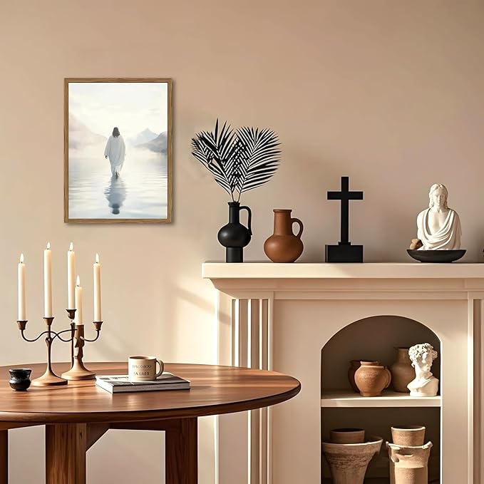 Jesus Walking on Water Wall Art White Jesus Wall Decor Christian Faith Painting 3D Textured Hand Drawn Sandstone Artwork for Living Prayer Room Bedroom 16x24 inch Wood Framed