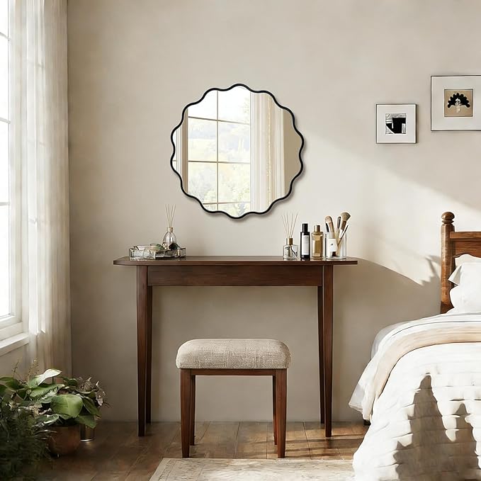 Round Wavy Black Mirror 17" Wall Decorative Mirror Wood Frame Circle Modern Mirror Bathroom Vanity Mirror for Bathroom Entryway Living Room Bedroom Hallway