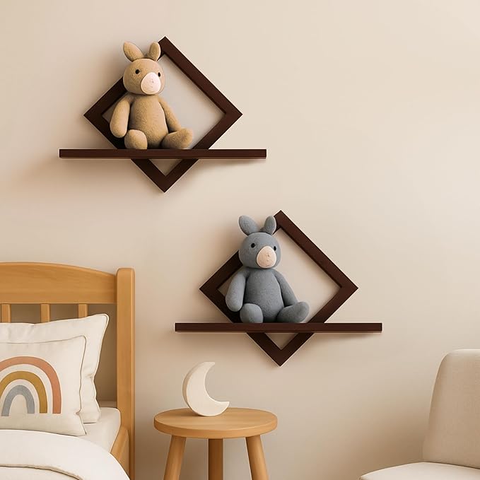 Floating Shelves for Wall,Decorative Wall Shelf,Hanging Shelf for Plants Storage Display Holder,Indoor Decor for Living Room Home Office Bathroom Bedroom,Solid Wood,Diamond Shaped,2 Pack(Walnut)