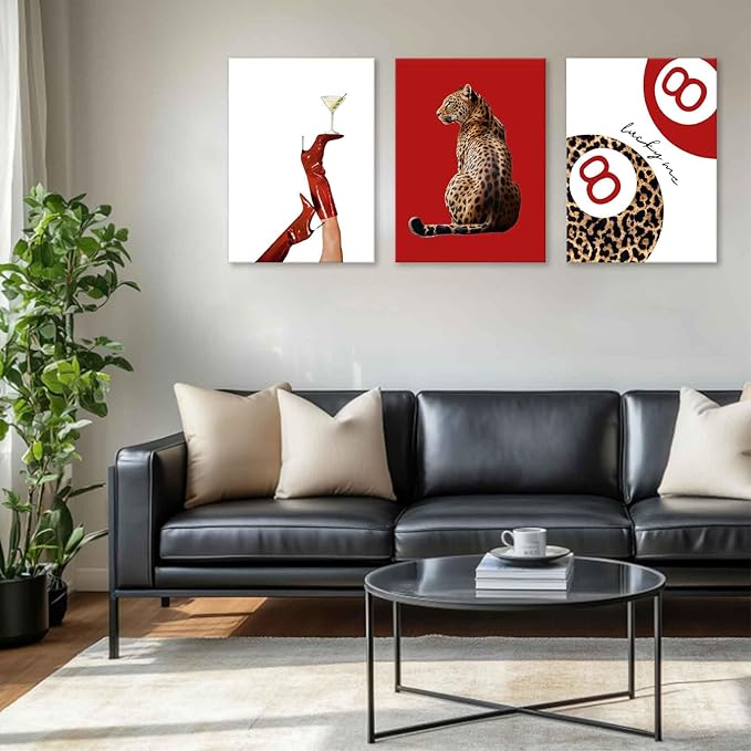 3Pcs Trendy Leopard Wall Art Preppy Funky Red Boot Martini 8 Ball Wall Decor Pictures Vintage Feminism Aesthetic Cheetah Canvas Poster Prints for Girly Bedroom Apartment Dorm Decoration 12X16