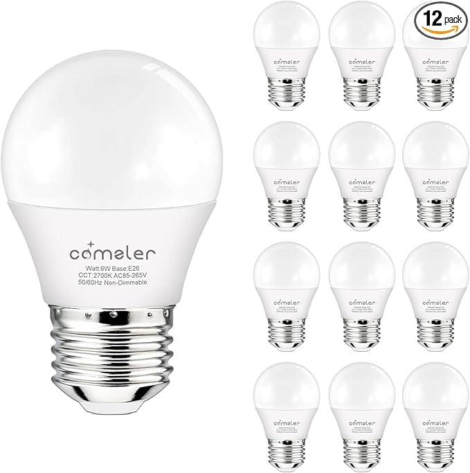 comzler 12 Pack E26 LED Light Bulb, 2700K Warm White 6 Watt 60W Equivalent Small Light Bulbs, A15 Shape Medium Screw Base for Ceiling Fan, CRI 85+, 400Lumen, Non-Dimmable, Home Lighting Decorative