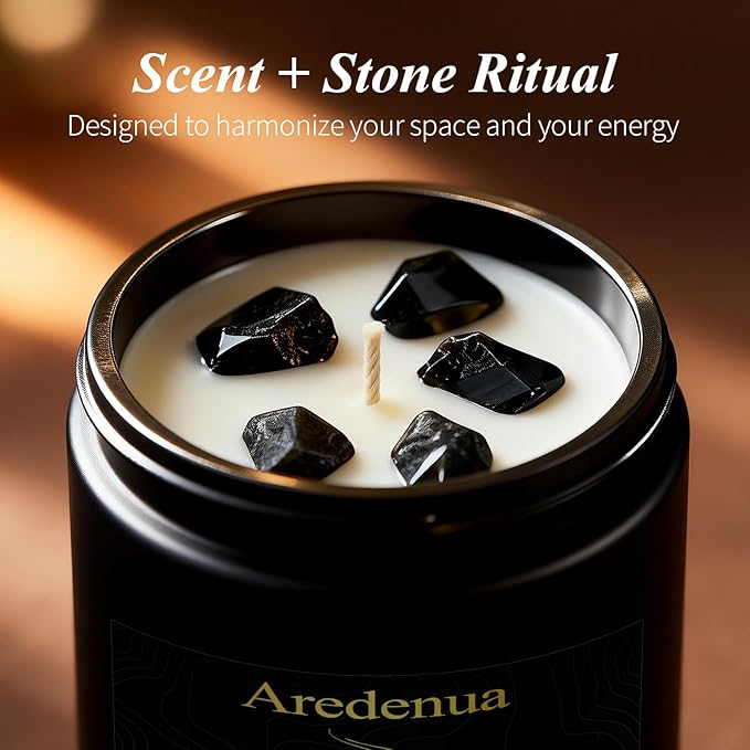 Scented Candle with Crystal for Emotional Protection and Grounding - Cedarwood Aromatherapy Candle with Obsidian Healing Crystals, Natural Soy Wax 7oz, Strength Gift for Women Men