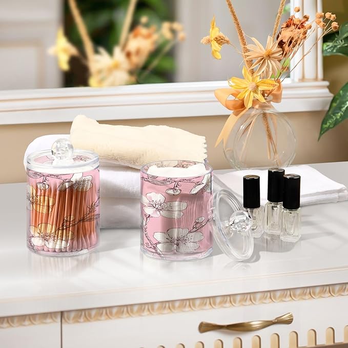 Nander 2Pack Beautiful Cherry Blossoms Qtip Holder Dispenser -Clear Plastic Apothecary Jars Set - Restroom Bathroom Makeup Organizers Containers for Cotton Swab, Ball, Pads, Floss