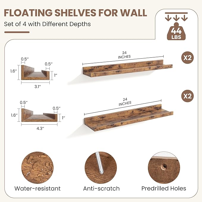 Fun Memories Picture Ledge Shelf, Floating Shelves Set of 4, 24 Inch Picture Shelves for Wall with Ledge, Large Nursery Book Shelf for Toys Storage, Living Room, Bedroom Decor Frames, Rustic Brown