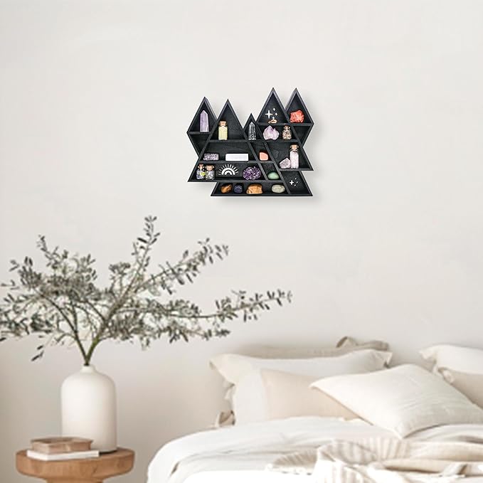 Mountain Crystal Shelf Display for Wall, Wooden Triangle Rock Gem Stone Storage Holder, Meditation Room Decor Spiritual Gift, Wall Hanging Organizer for Trinkets, Knick Knacks, Art Collections