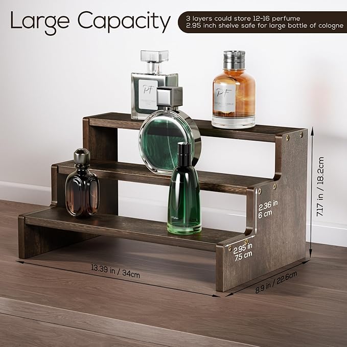 ProCase Wooden Cologne Organizer for Men, 3 Tier Perfume Organizer, Mens Cologne Stand Holder Storage, Display Riser Shelf Rack for Fragrances Candles Cosmetics Cupcake Figure Spice -Brown