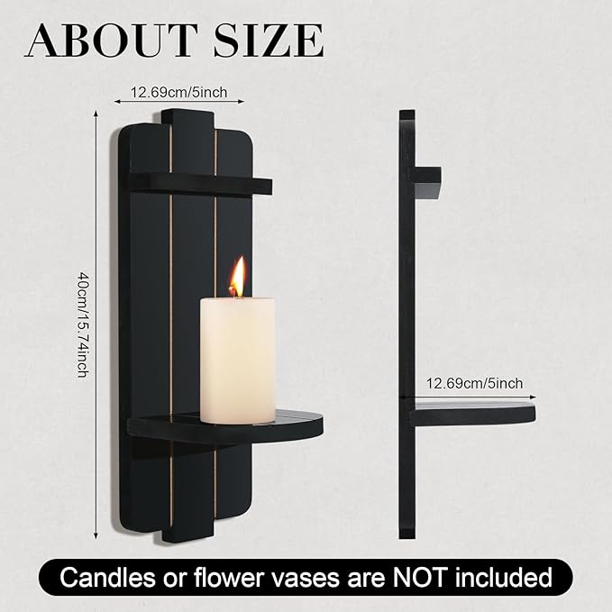 Rustic Candle Holder Set of 2 – Vintage Black Wooden Wall Sconces for Fireplace, Bedroom & Living Room – Farmhouse Wall Decor with Candle Shelf for Home, Aisle, Hallway
