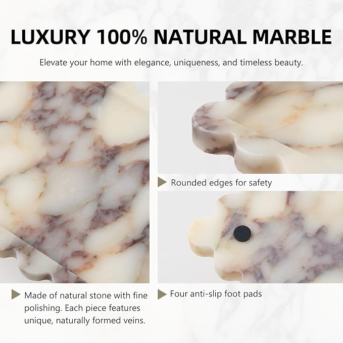 Luxury Natural Scalloped Marble Tray – 11.8 x 7.8-Inch Calacatta Viola Stone Vanity Tray, Elegant Catchall Organizer for Jewelry Perfume Keys, Unique Statement Tray for Bathroom Coffee Table & Dresser