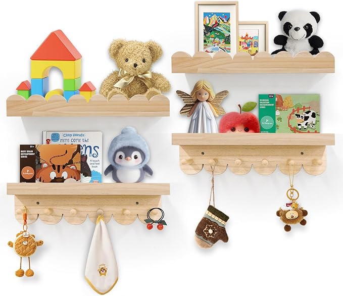 Floating Nursery Book Shelves for Wall, 16'' Wood Book Shelf for Baby Boys Girls Bedroom Bathroom and Décor Storage, Wall Shelf for Books, Plants, Toys, Photo Frames (Wooden, 4 Pack)