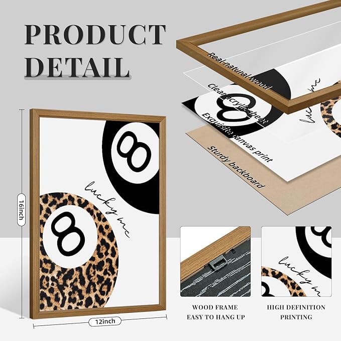 Trendy Leopard Wall Art Cheetah Print Canvas Wall Decor 8 Ball Poster Preppy Room Aesthetic Pictures Funky Coquette Vintage Prints Y2k Fashion Lucky Posters for Bedroom 12x16x3 Inch Framed