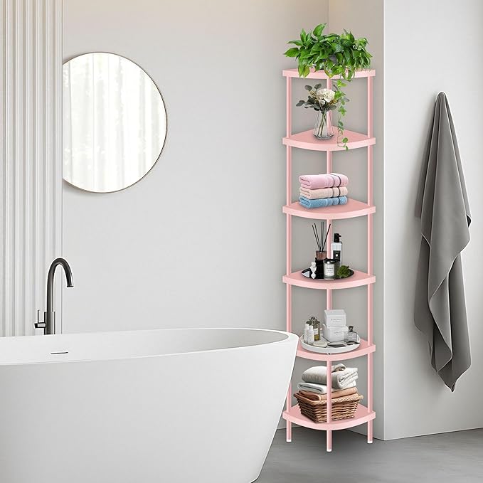 Qupui 6 Tier Corner Shelf Stand, 66” Tall Corner Bookshelf Multipurpose Shelving Unit, Plant Stand Display Rack Home Organizer Shelves for Bedroom Living Room, Pink
