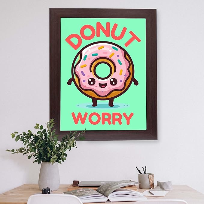 InkFlow Posters Donut Worry Poster - Smiling Donut Illustration - Playful Cartoon Food Art - Kids Bedroom Kitchen Playroom Decor - Cheerful Kawaii Style Print - 24x32 Unframed Canvas Print