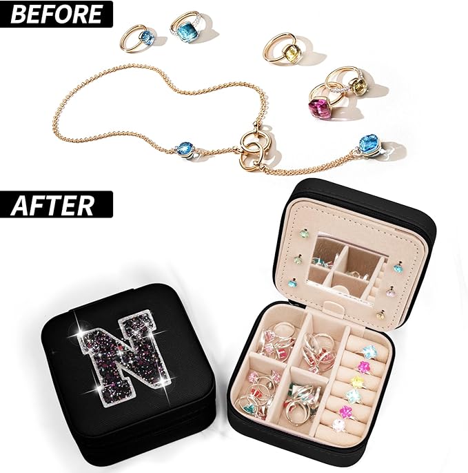 Uygafly Personalized Jewelry Case for Women Girls - Fashion Mini Jewelry Boxes - Trendy Travel Jewelry Organizer with Initials Letter - Teen Gifts | Black,N