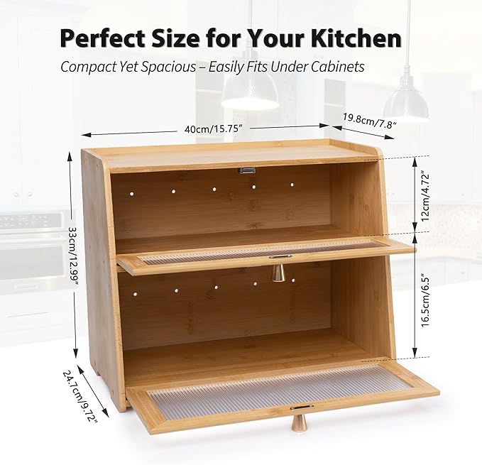 Bamboo Bread Box 2 Tiered for Kitchen Counter-Large Capacity Wood Bread Basket Storage Container Bread Box with Window Bread Holder with Shelf Vitamin Bottle Storage